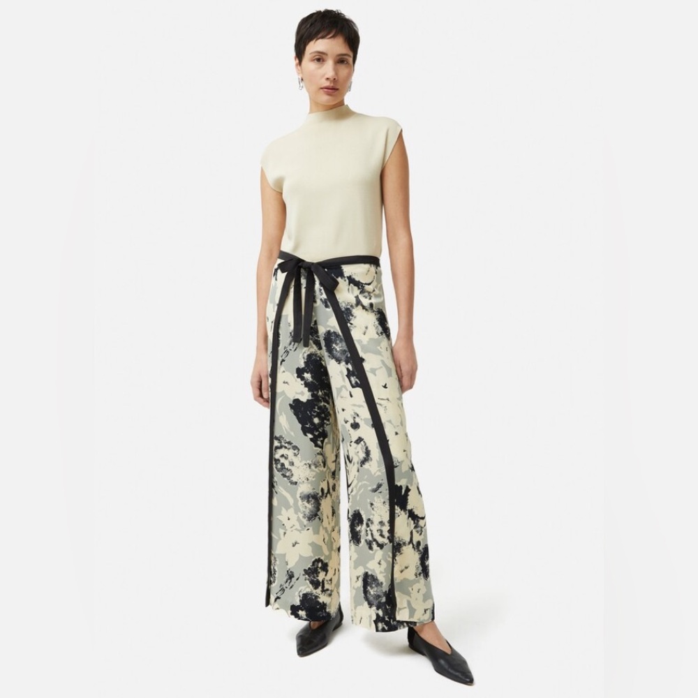 Jigsaw Floral Echo Wrap Trousers Womens 4 Cream Black High Rise Resortwear NWT